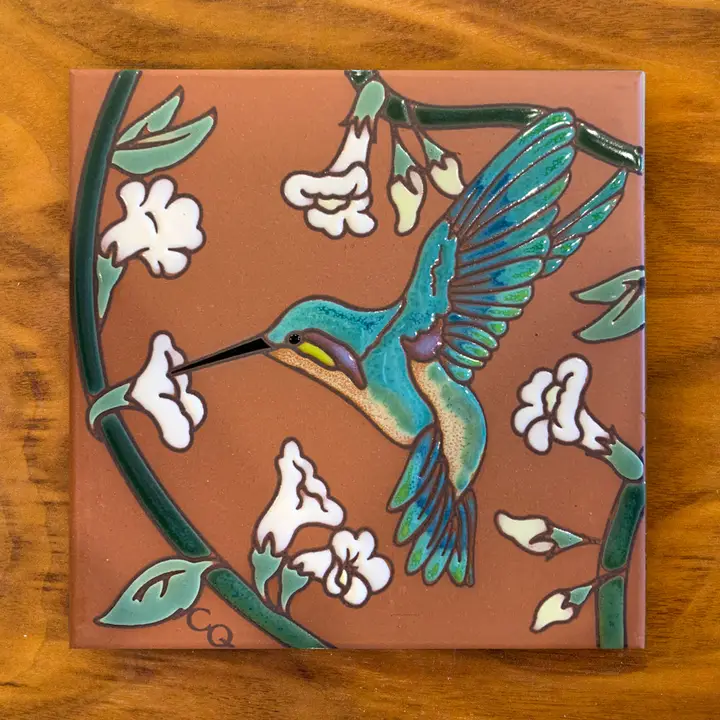 Humingbird With White Flowers On Terracotta Glazed Tile - Heart of the Home Inc