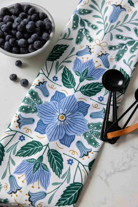 Blue Winter Flowers Tea Towel