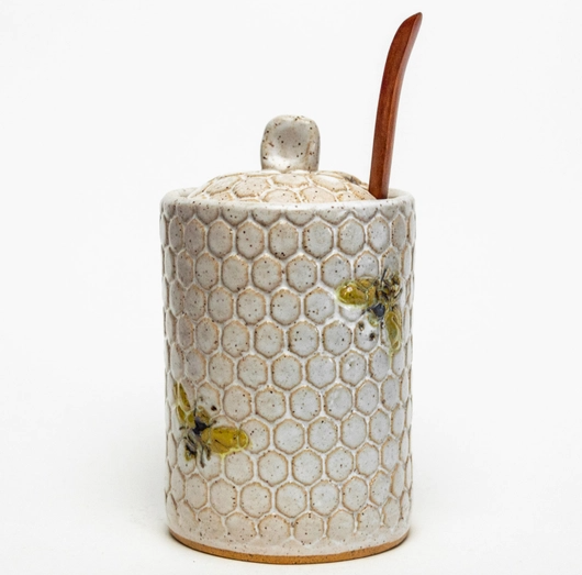 Bee Pattern Handmade Ceramic White Honey Pot - Heart of the Home Inc