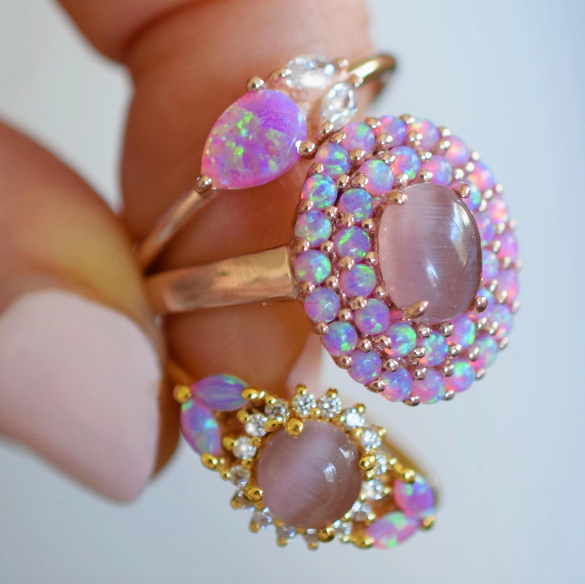 Rose Gold Pink Opal & Cats Eye Moonstone Crown Ring - Heart of the Home Inc