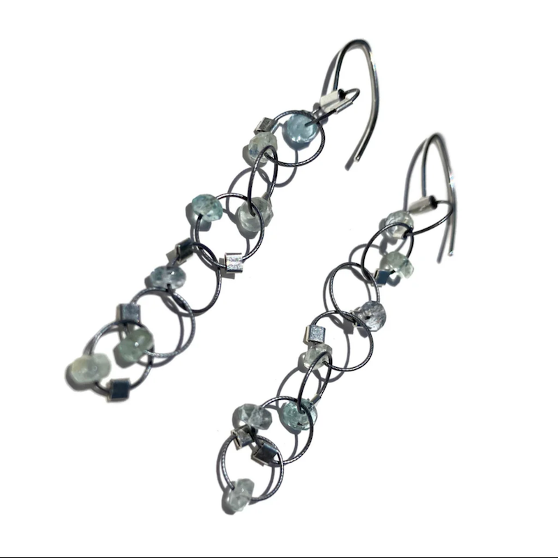 Interlock Long Earrings in Gunmetal & Aquamarine - Heart of the Home Inc