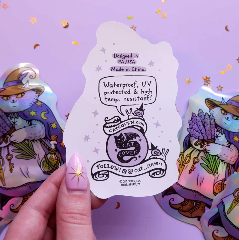 Lavender Cat Witch Holographic Sticker - Heart of the Home Inc