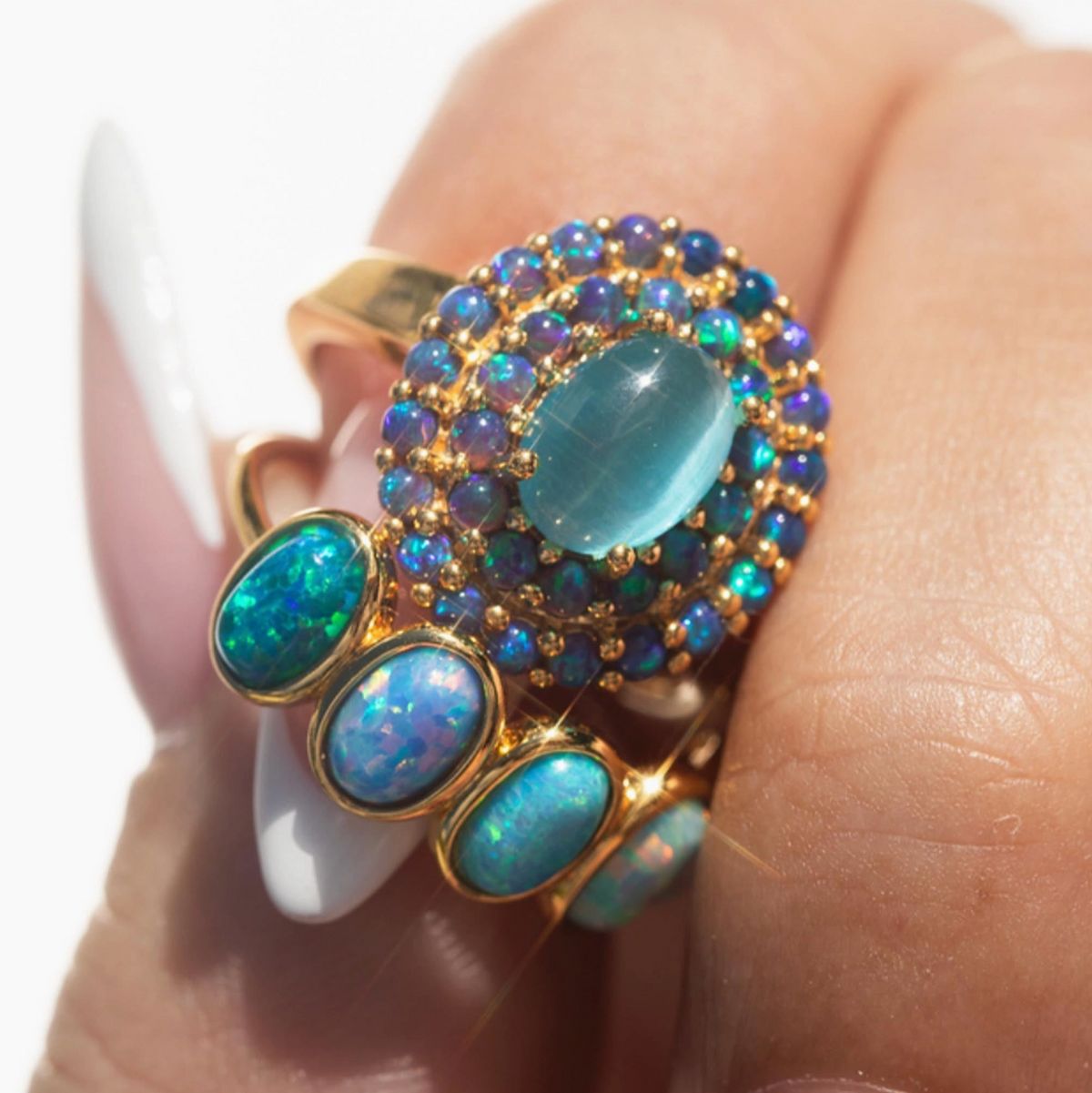 Blue Cats Eye Opal Ombre Vintage Crown Ring - Heart of the Home Inc