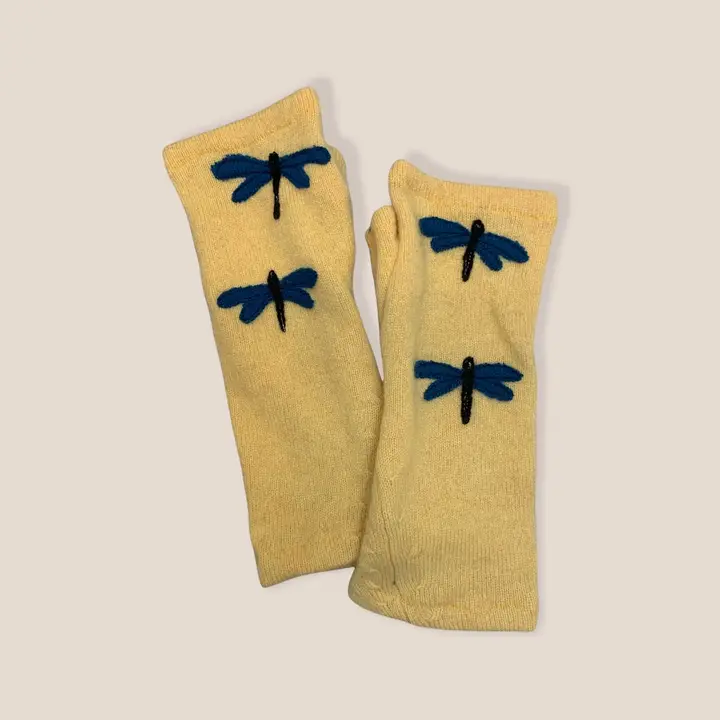 Yellow Cashmere Fingerless Gloves w/Dragonfly - Heart of the Home Inc