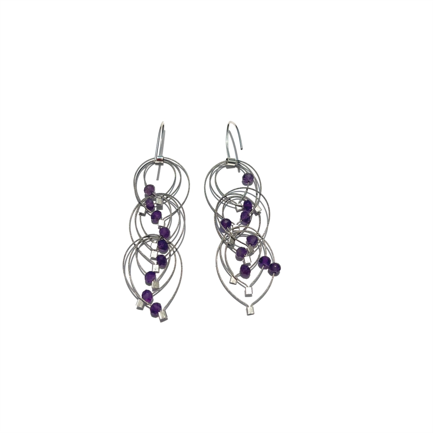 Feather Teardrop Mini Earrings in Steel & Amethyst - Heart of the Home Inc