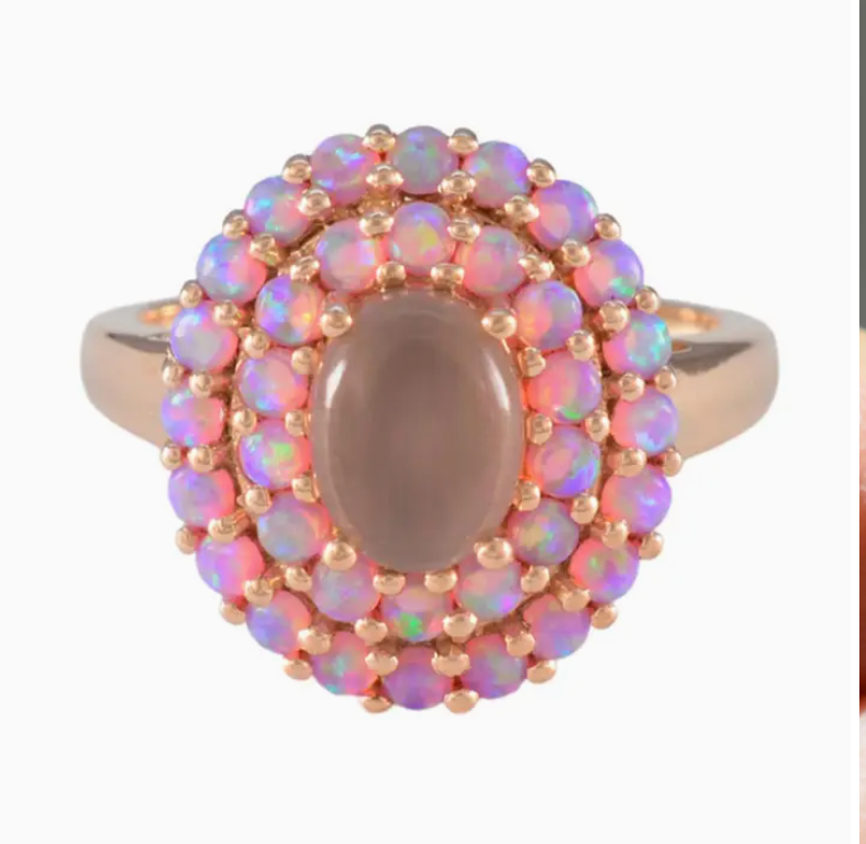 Rose Gold Pink Opal & Cats Eye Moonstone Crown Ring - Heart of the Home Inc