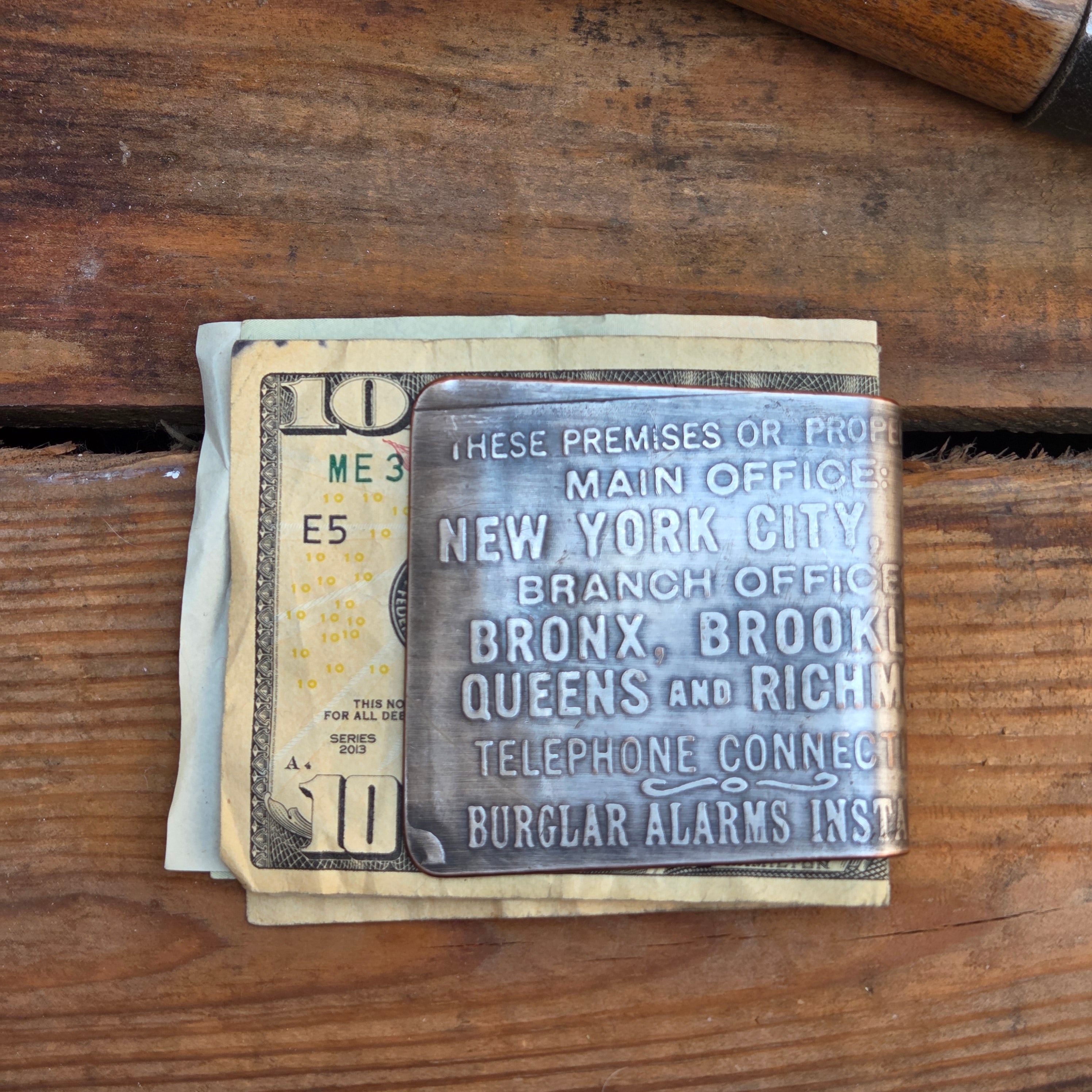 Antique Machine Plate Moneyclip - NY Alarm System Plate