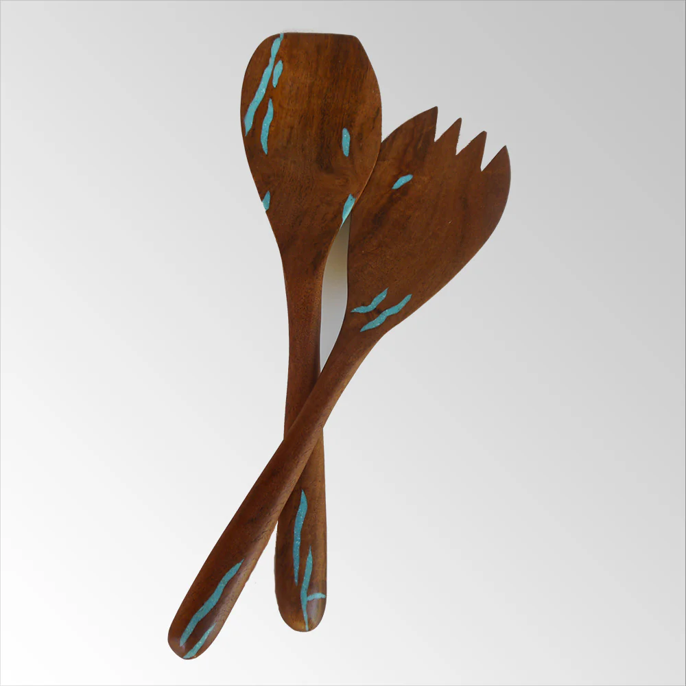 Large Salad Set With Turquoise Inlay - Heart of the Home Inc
