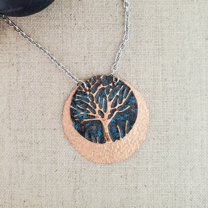 Embossed Copper Circle Layered  Tree Necklace - Heart of the Home Inc