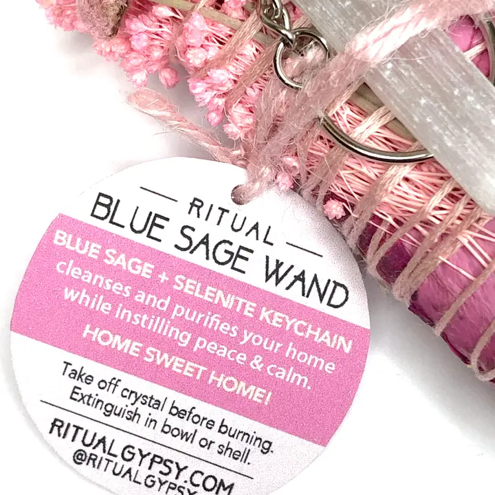 Blue Sage Home Sweet Home Wand With Selenite Keychain - Heart of the Home Inc