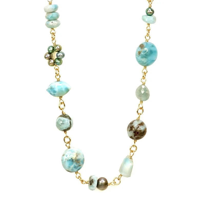 Chunky Larimar & Pearl Necklace - Heart of the Home Inc