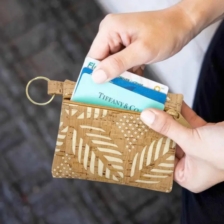 Cork Zipper Pouch with Key Ring in Die Cut Palm White - Heart of the Home Inc