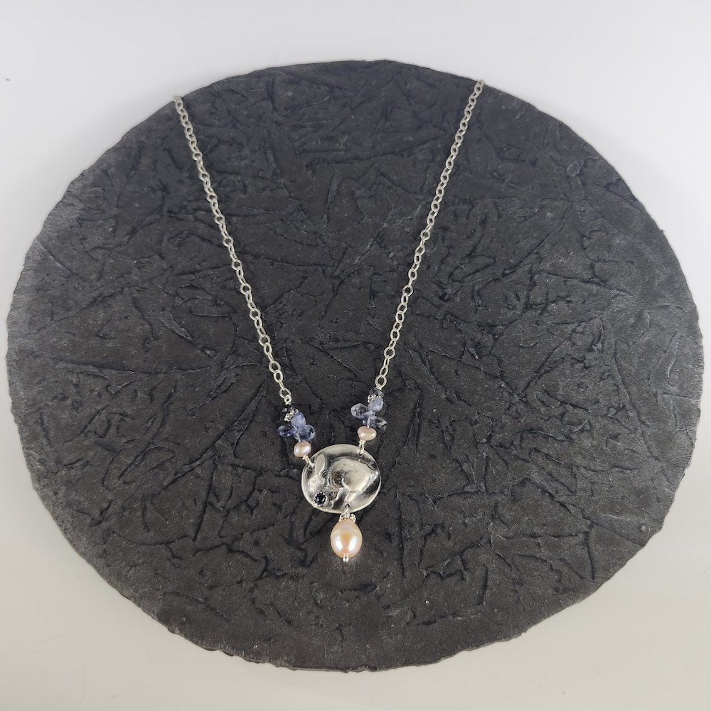 Silver Rabbit Necklace With Iolite And Pearl - Heart of the Home Inc