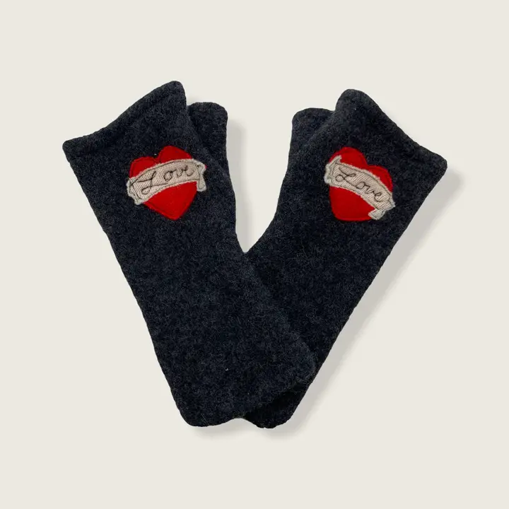 Black Cashmere Fingerless Gloves w/Red Tattoo Heart - Heart of the Home Inc