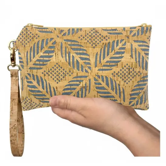 Simple Cork Medium Wristlet Bag in Die Cut Palm Denim Blue - Heart of the Home Inc