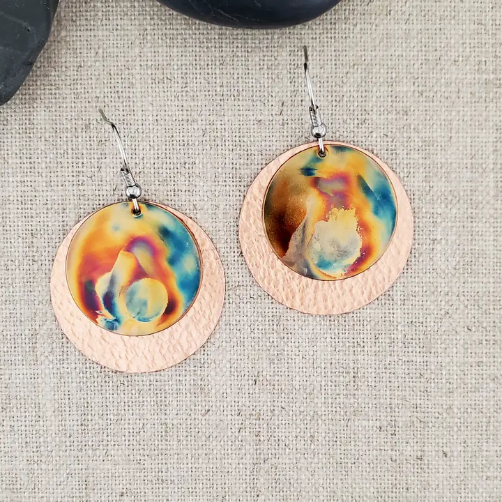 Flame Painted Layered Copper Circle Earrings - Heart of the Home Inc