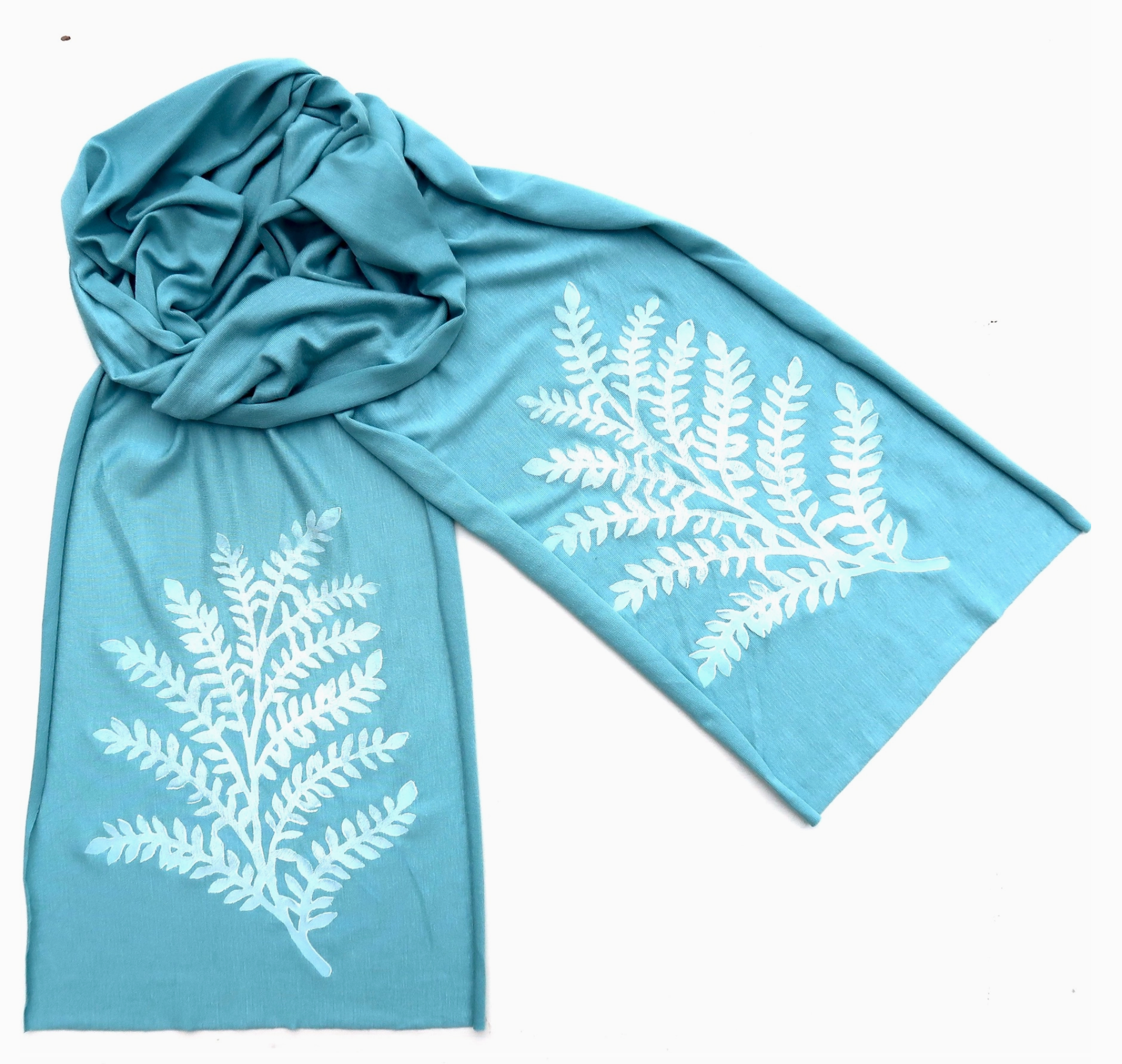 White Leafy Branch Skinny Scarf In Aqua Blue - Heart of the Home LV