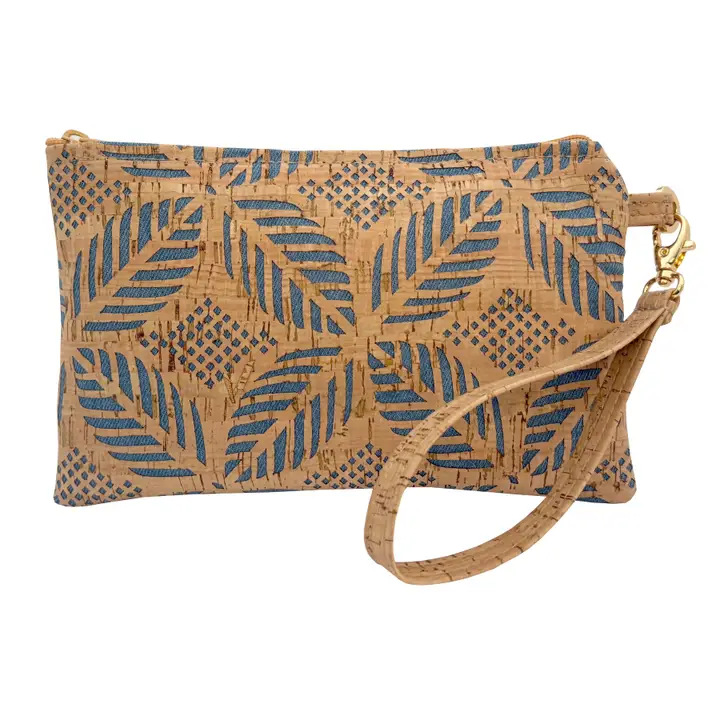 Simple Cork Medium Wristlet Bag in Die Cut Palm Denim Blue - Heart of the Home Inc