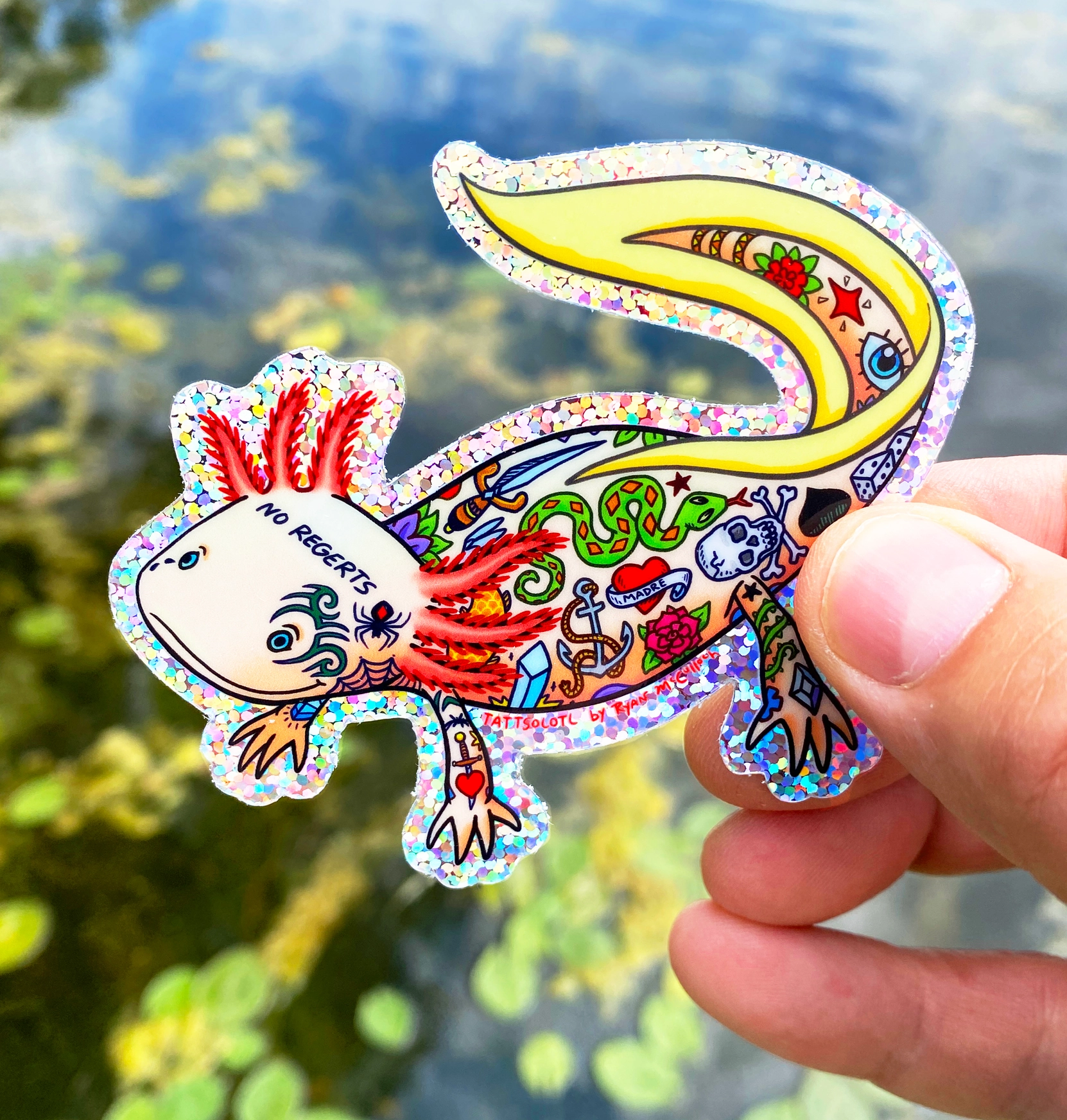 Tattsolotl (Tattooed Axolotl) Glitter Vinyl Sticker - Heart of the Home Inc
