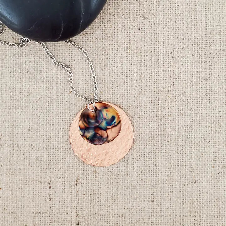 Small Circle Flame Painted Layered Copper Necklace - Heart of the Home Inc