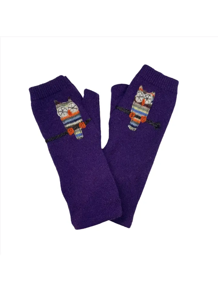 Cashmere Fingerless Gloves-Purple w/Owl - Heart of the Home Inc