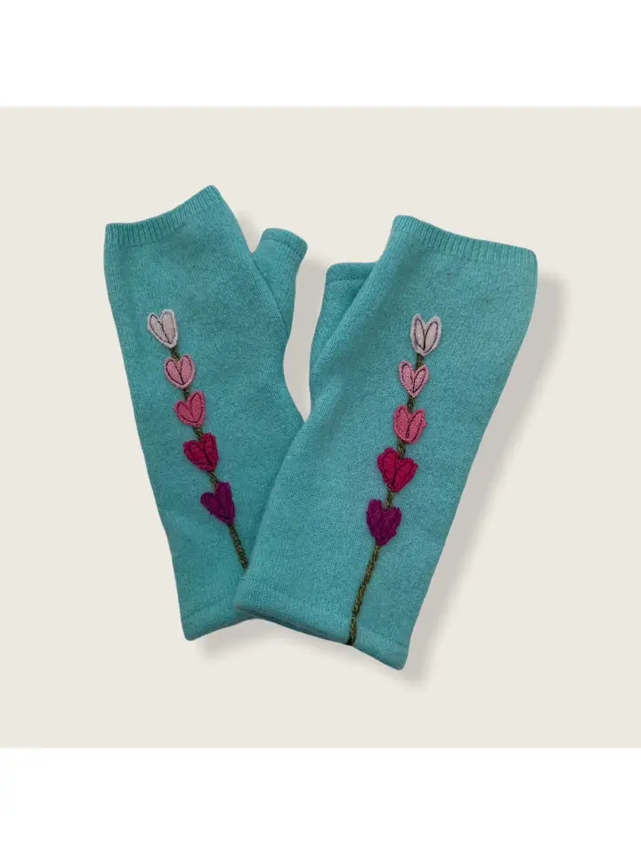 Lupine Pink On Aqua Cashmere Fingerless Gloves - Heart of the Home LV