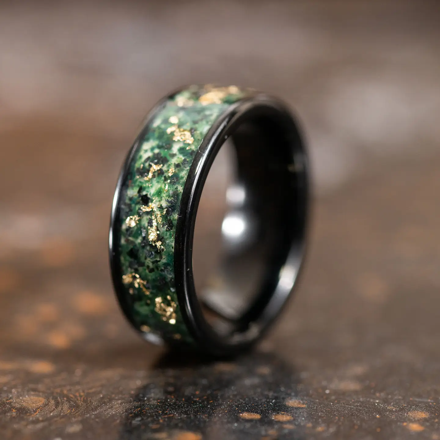 Moss Agate & Gold Flake Inlaid Ring (8mm)