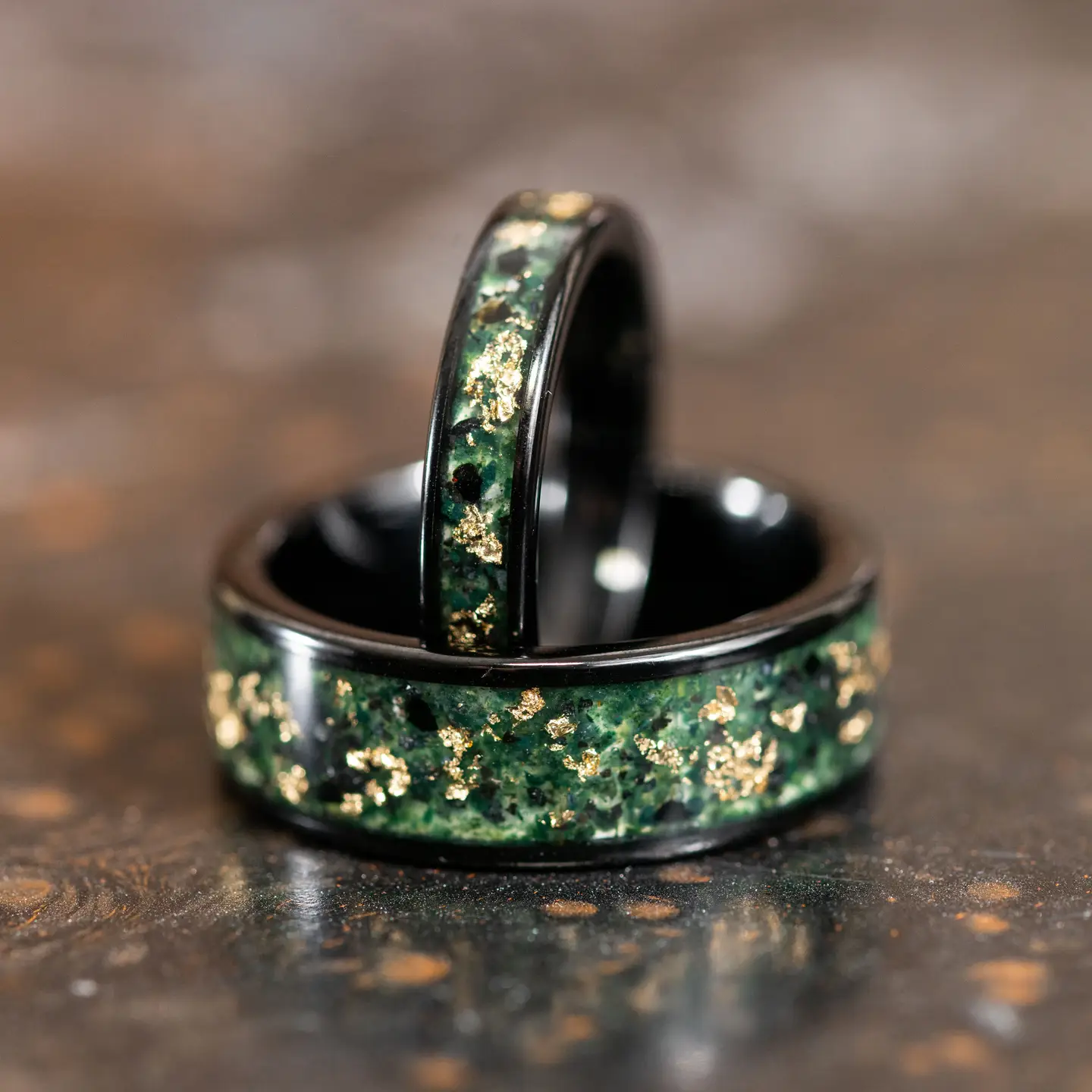 Moss Agate & Gold Flake Inlaid Ring (8mm)