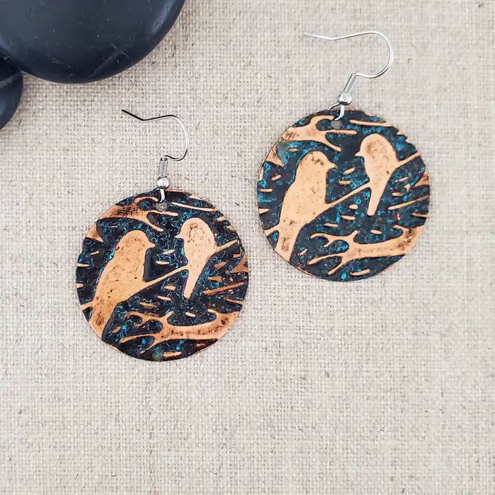 Natural Patina Copper Circle Bird Earrings - Heart of the Home Inc