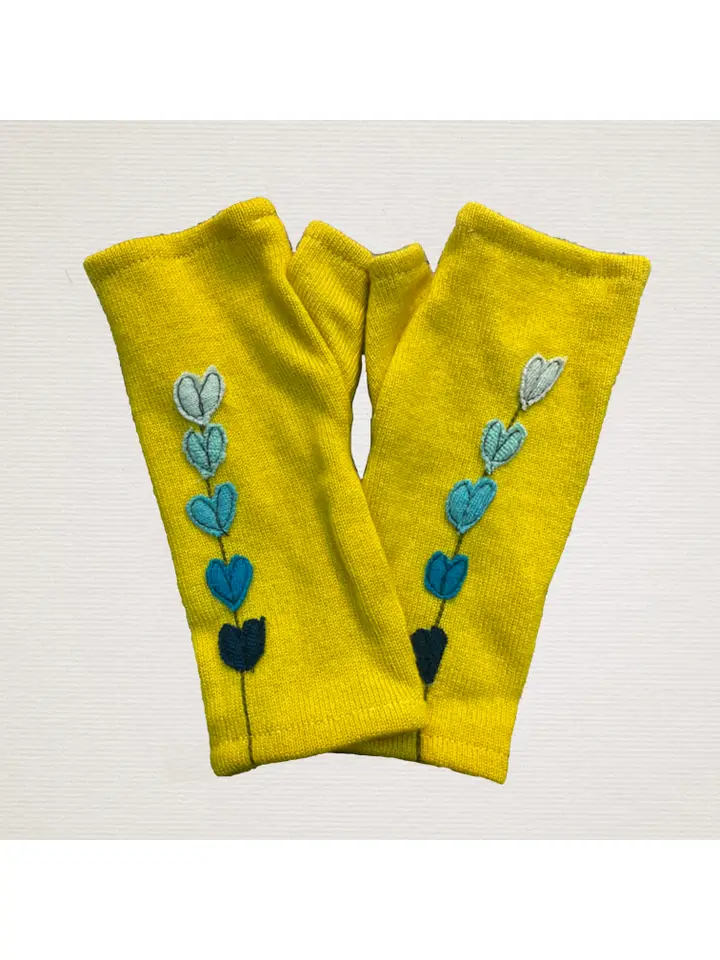 Cashmere Fingerless Gloves-Teal Lupine On Gold - Heart of the Home Inc