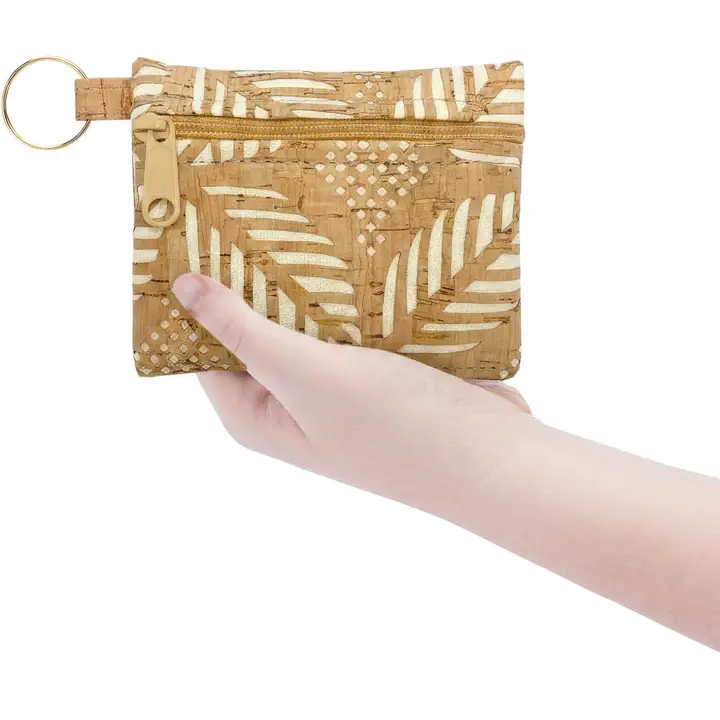 Cork Zipper Pouch with Key Ring in Die Cut Palm White - Heart of the Home Inc