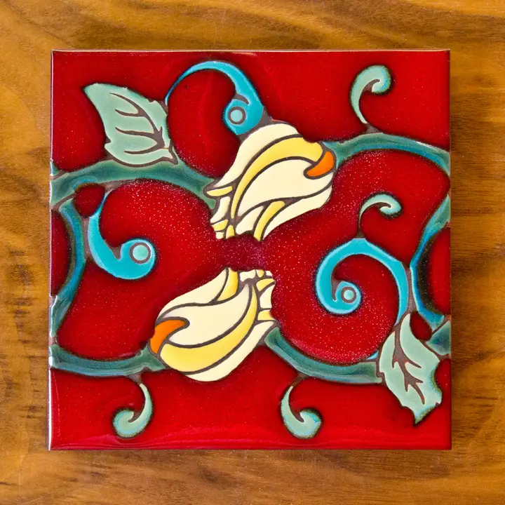 Red Nouveau Floral Glazed Tile - Heart of the Home Inc