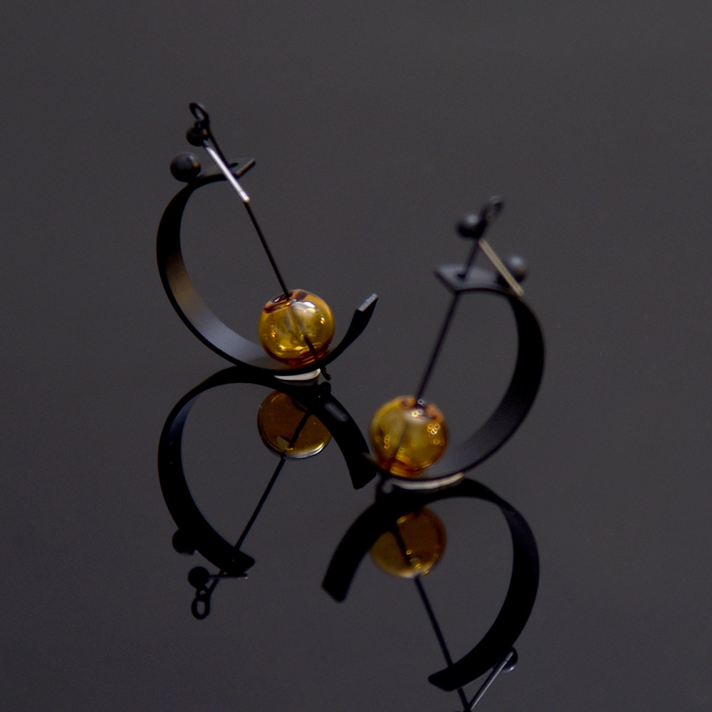 Black and Amber Glass Lunette Earrings - Heart of the Home Inc