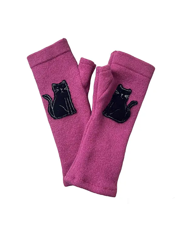 Pink Wth Black Cat Cashmere Fingerless Gloves - Heart of the Home LV