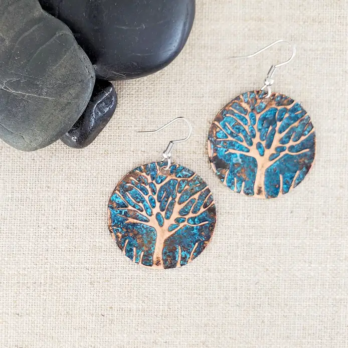 Natural Patina Copper Circle Tree Earrings - Heart of the Home Inc