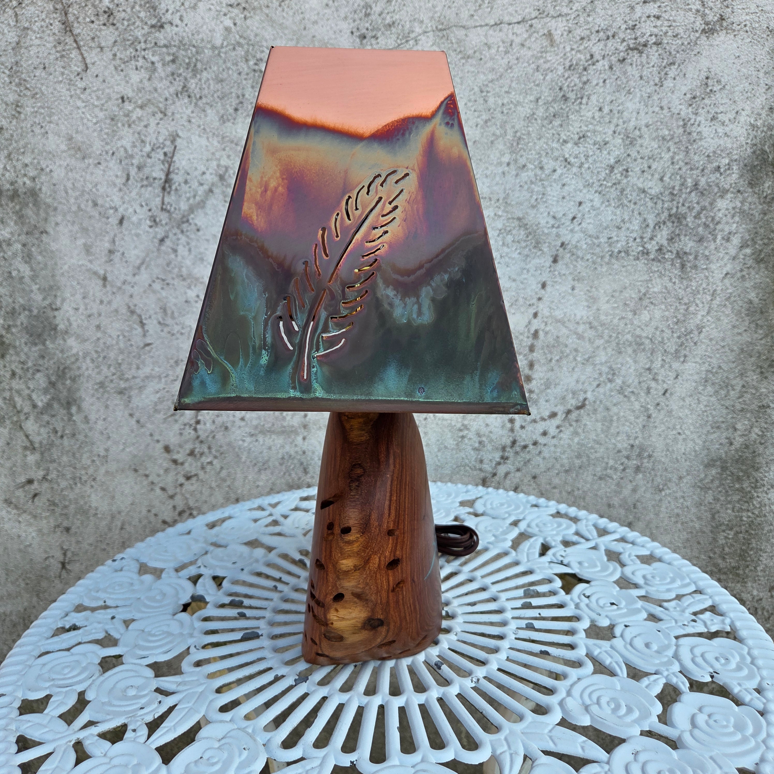 Mesquite & Turquoise Lamp with Feather Shade (SL-1 GW) - Heart of the Home Inc