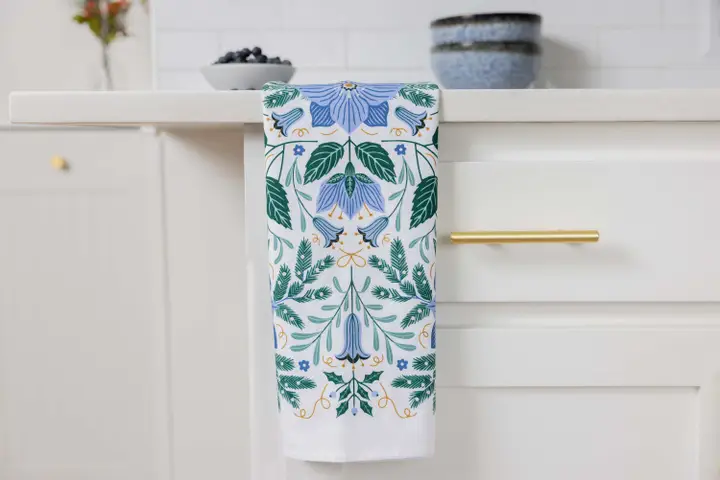 Blue Winter Flowers Tea Towel