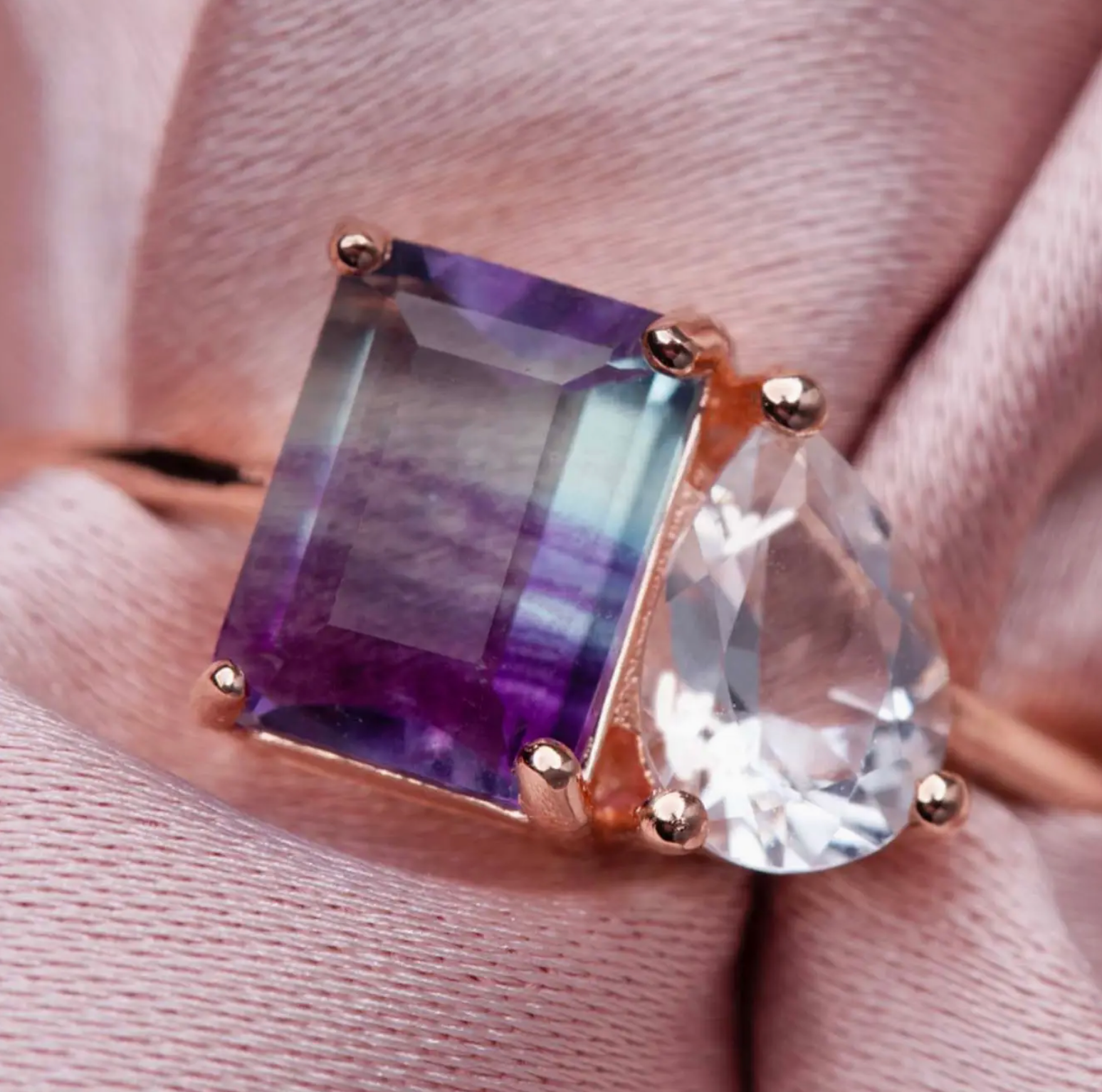 Rose Gold Fluorite & Topaz Moi and Toi Fairy Kiss Ring - Heart of the Home Inc