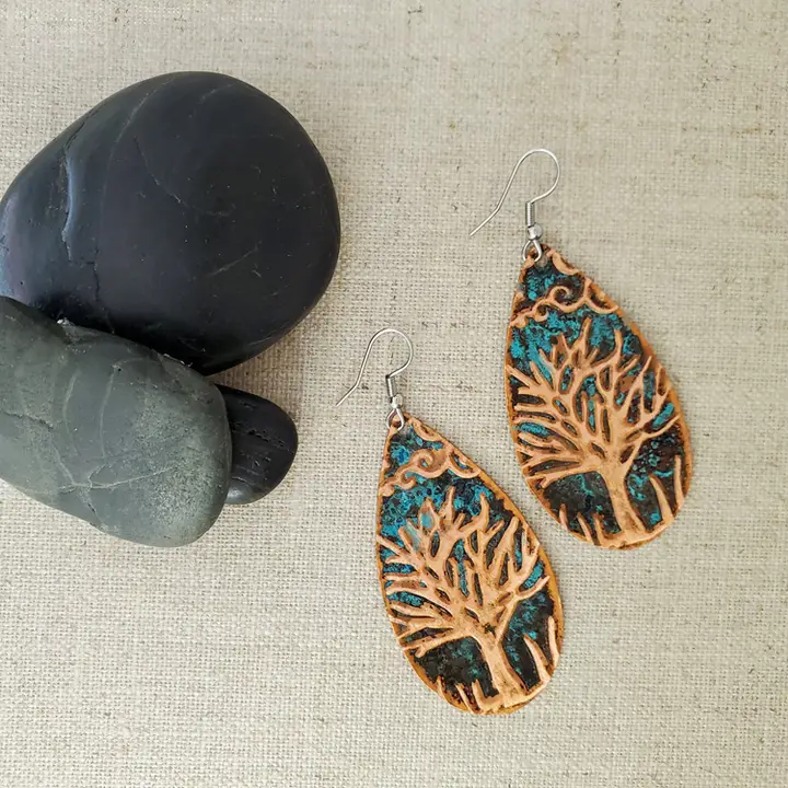 Natural Patina Copper Teardrop Tree Earrings - Heart of the Home Inc