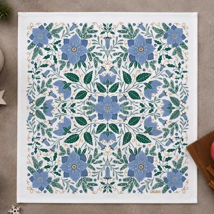 Blue Winter Flowers Tea Towel