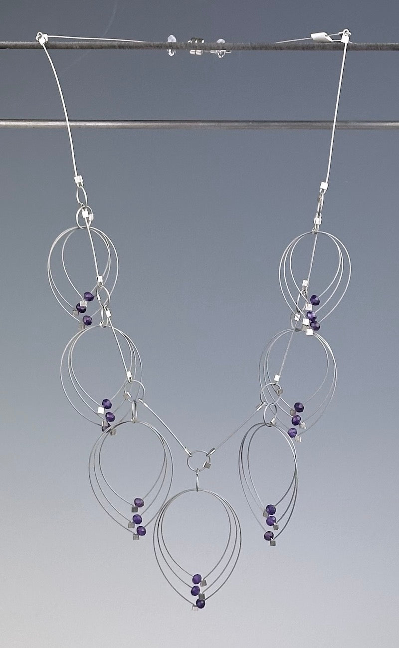 Feather Drop Necklace in Steel & Amethyst