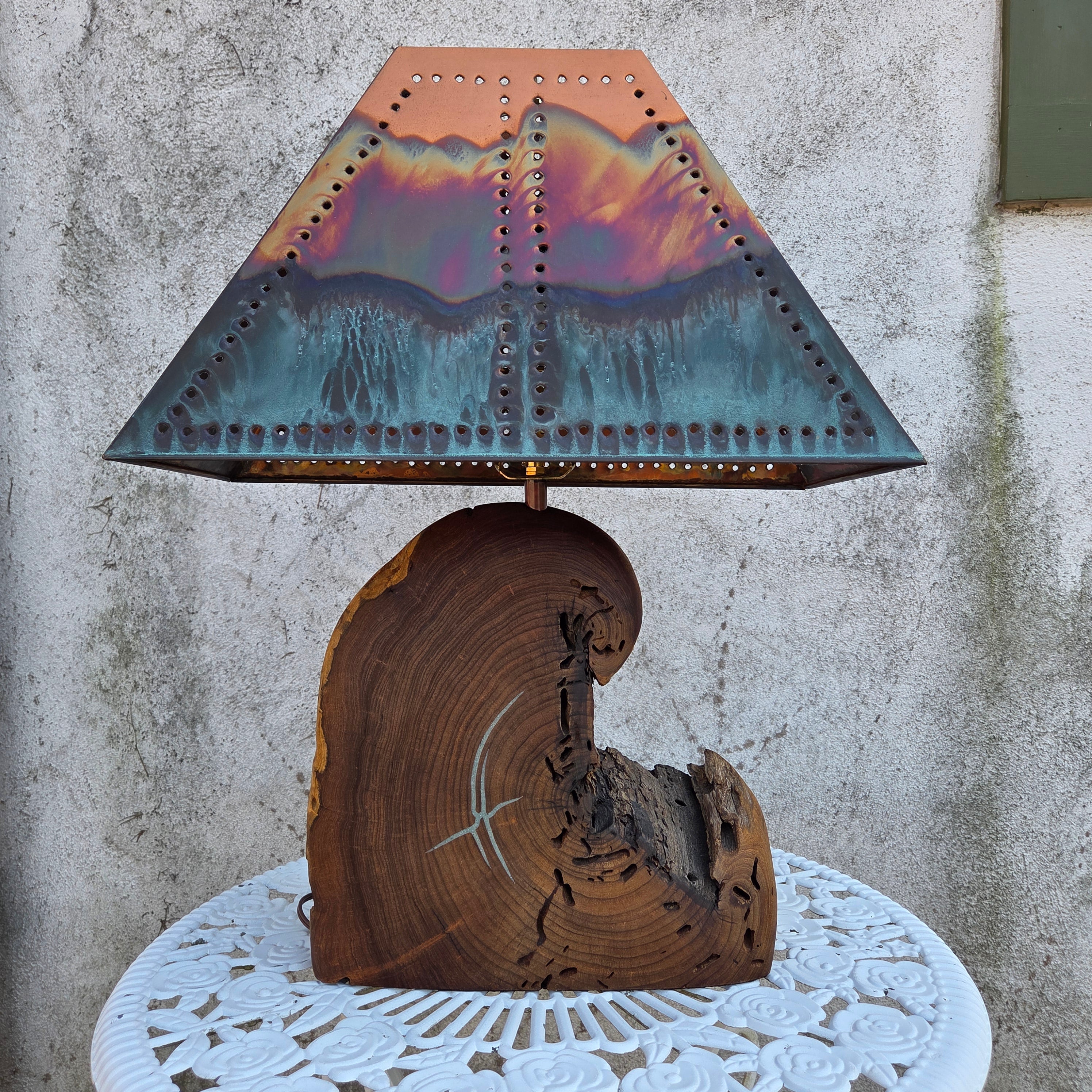 Mesquite & Turquoise Lamp with Punch Shade - Unique - Heart of the Home Inc