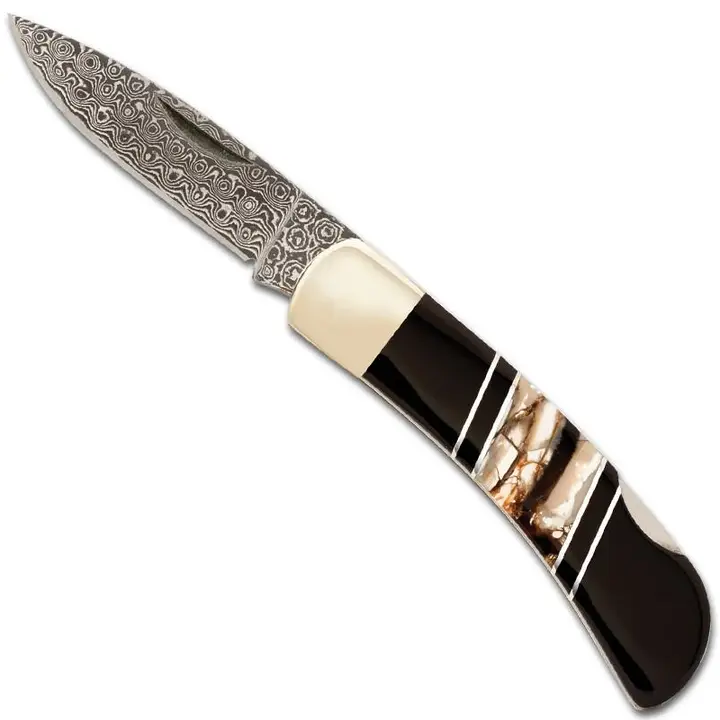 Mammoth Tusk Accent 3" Damascus Lock Back Knife - Heart of the Home LV
