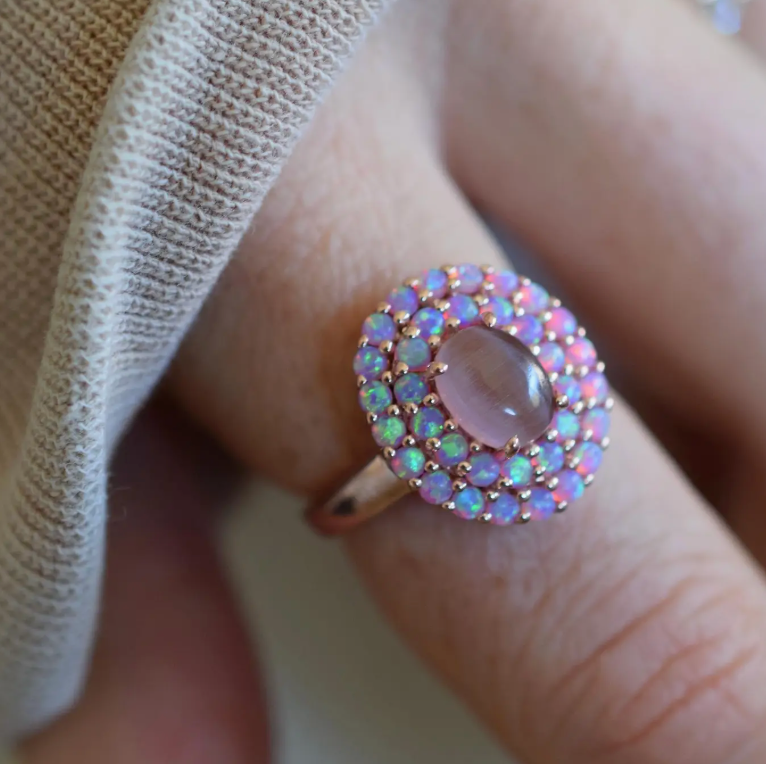 Rose Gold Pink Opal & Cats Eye Moonstone Crown Ring - Heart of the Home Inc