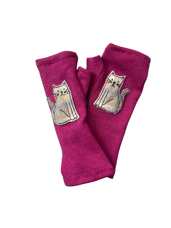Pink With Cat Cashmere Fingerless Gloves - Heart of the Home LV