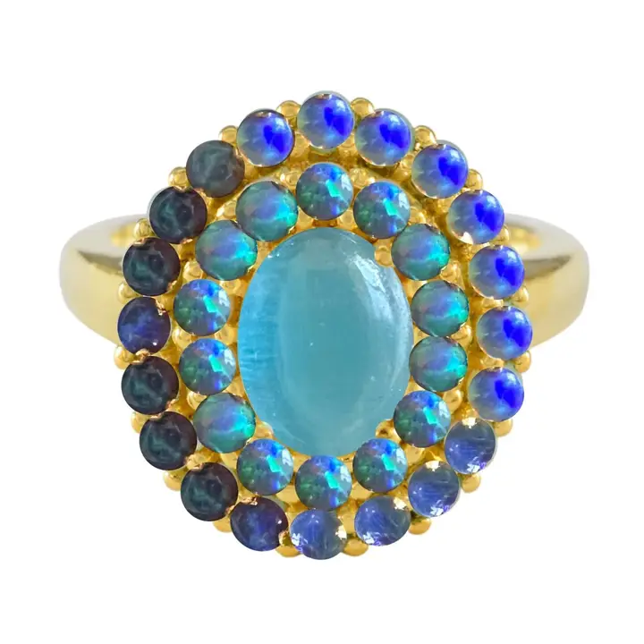 Blue Cats Eye Opal Ombre Vintage Crown Ring - Heart of the Home Inc