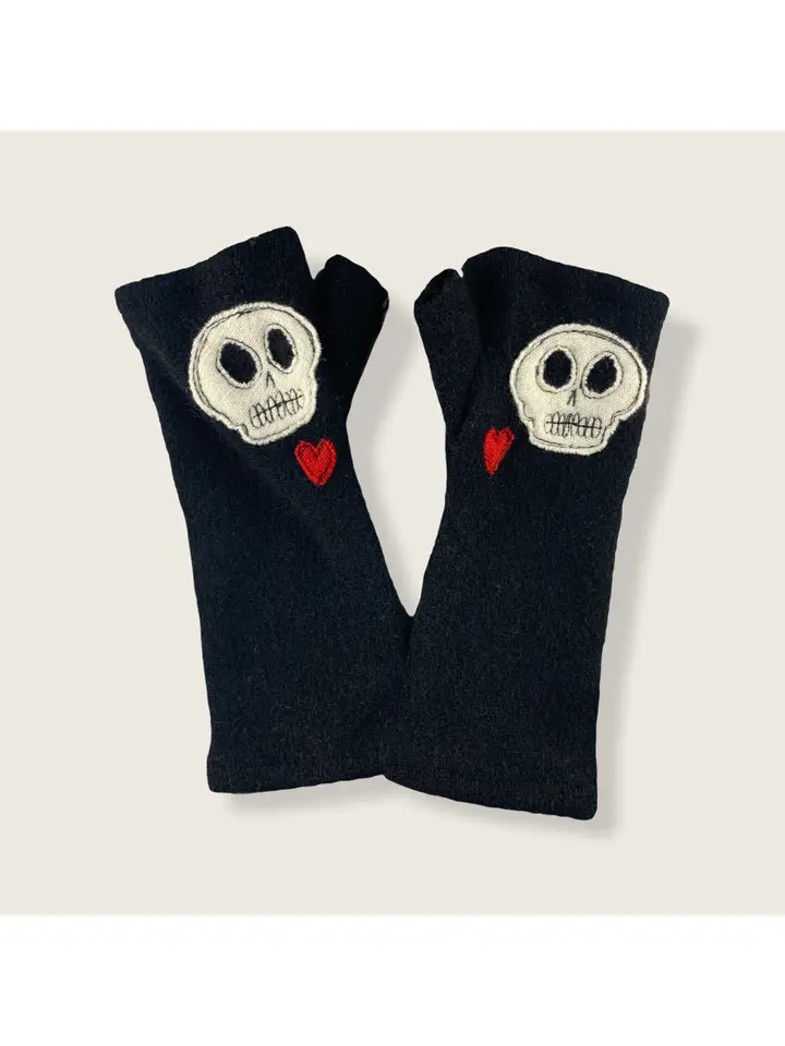 Black Skull And Heart Cashmere Fingerless Gloves - Heart of the Home LV