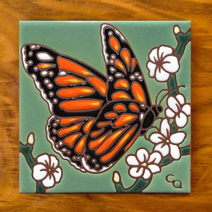 Monarch With White Flowers Glazed Tile - Heart of the Home Inc