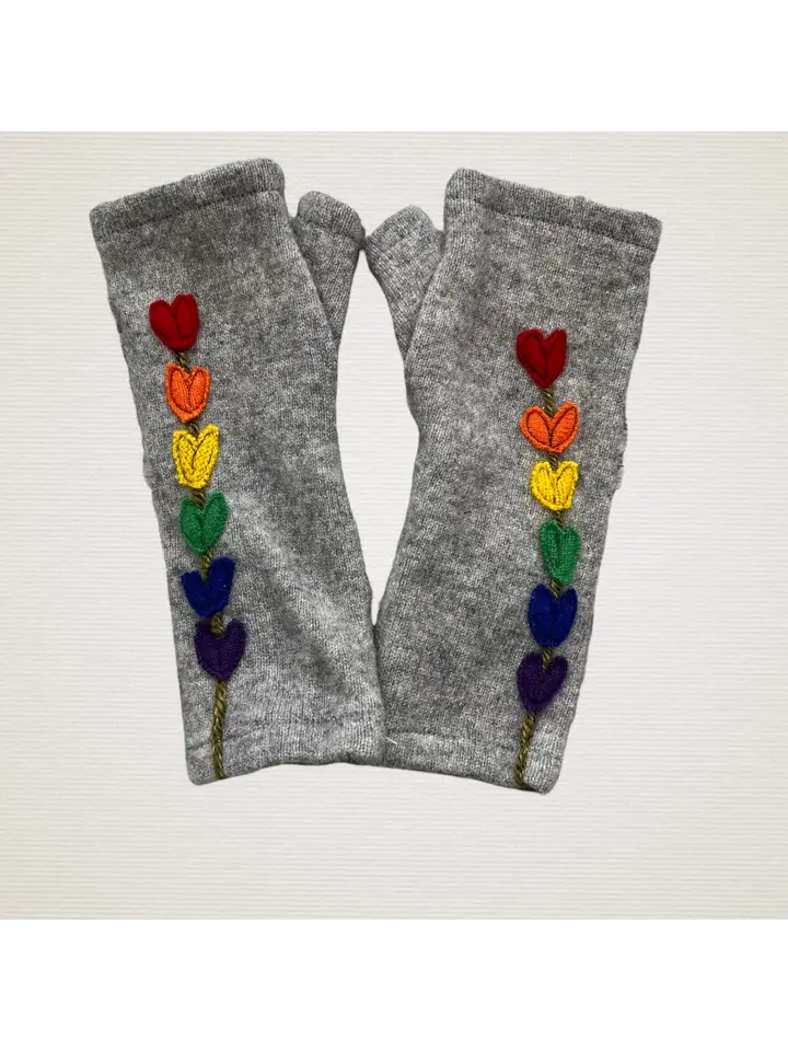 Cashmere Fingerless Gloves-Rainbow Lupine On Gray - Heart of the Home Inc