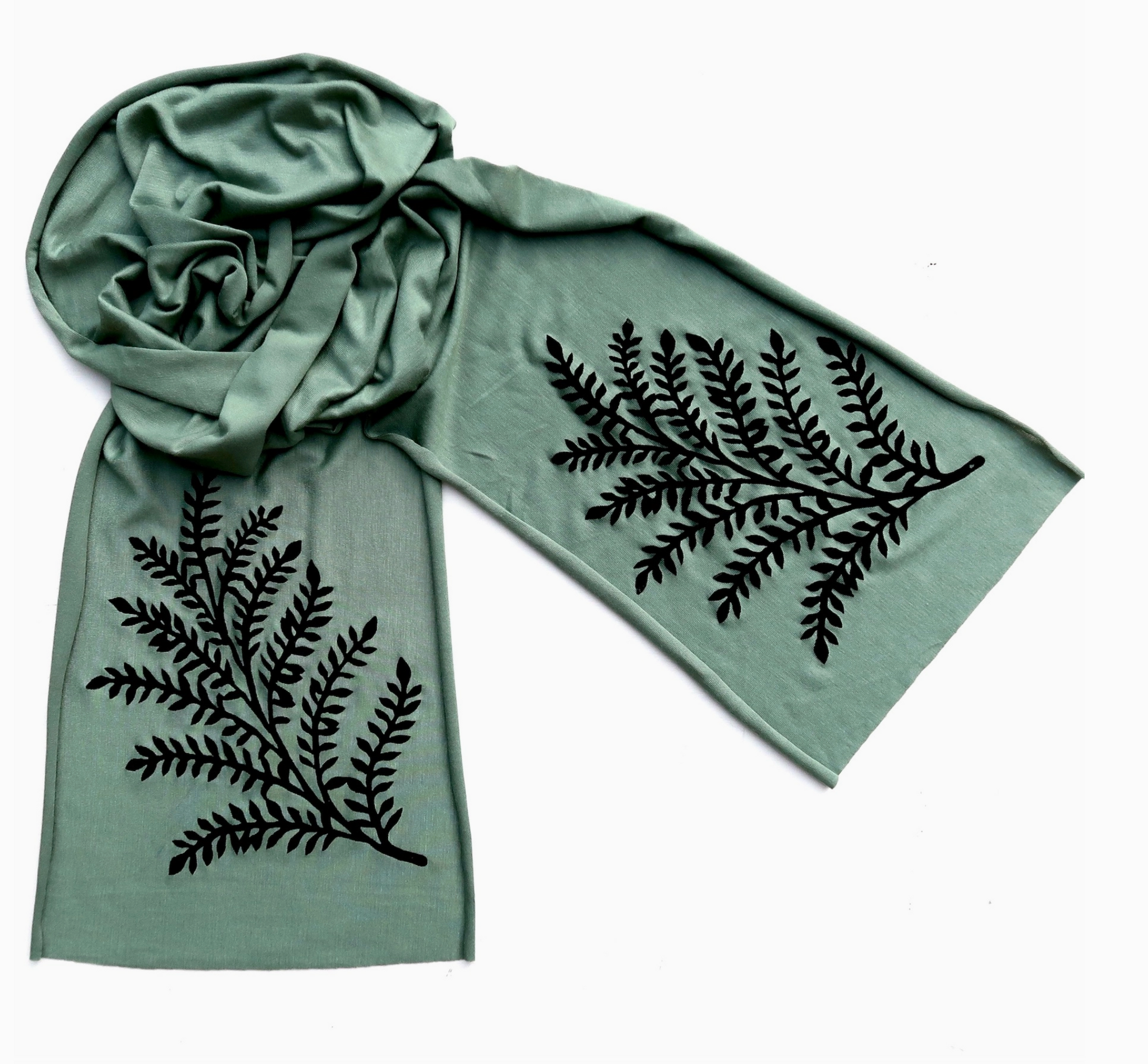 Black Leafy Branch Skinny Scarf in Moss Green - Heart of the Home LV